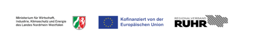 Logos: Ministerium für Wirtschaft, Industrie, Klimaschutz und Energie des Landes Nordrhein-Westfalen, EU, RVR